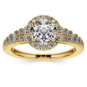 Petite Split Shank Halo Diamond Engagement Ring in Yellow Gold
