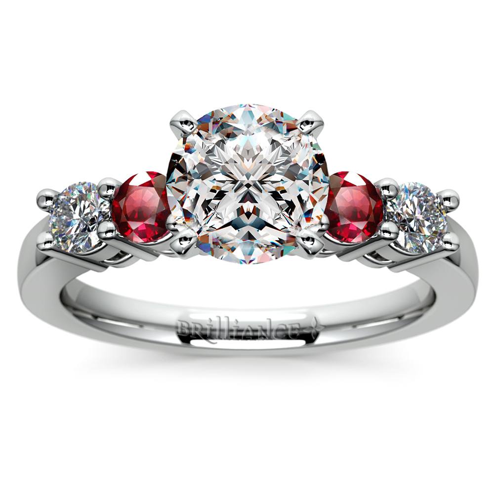 Vintage Inspired Ruby & Diamond Five Stone Ring In White Gold | 01