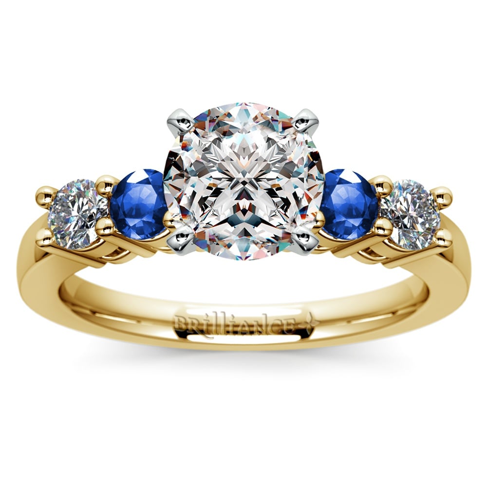 Vintage 5 Stone Diamond & Sapphire Ring In Yellow Gold | Zoom