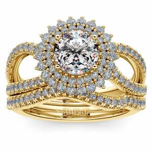 Sunburst Engagement Ring With Wedding Band In Yellow Gold