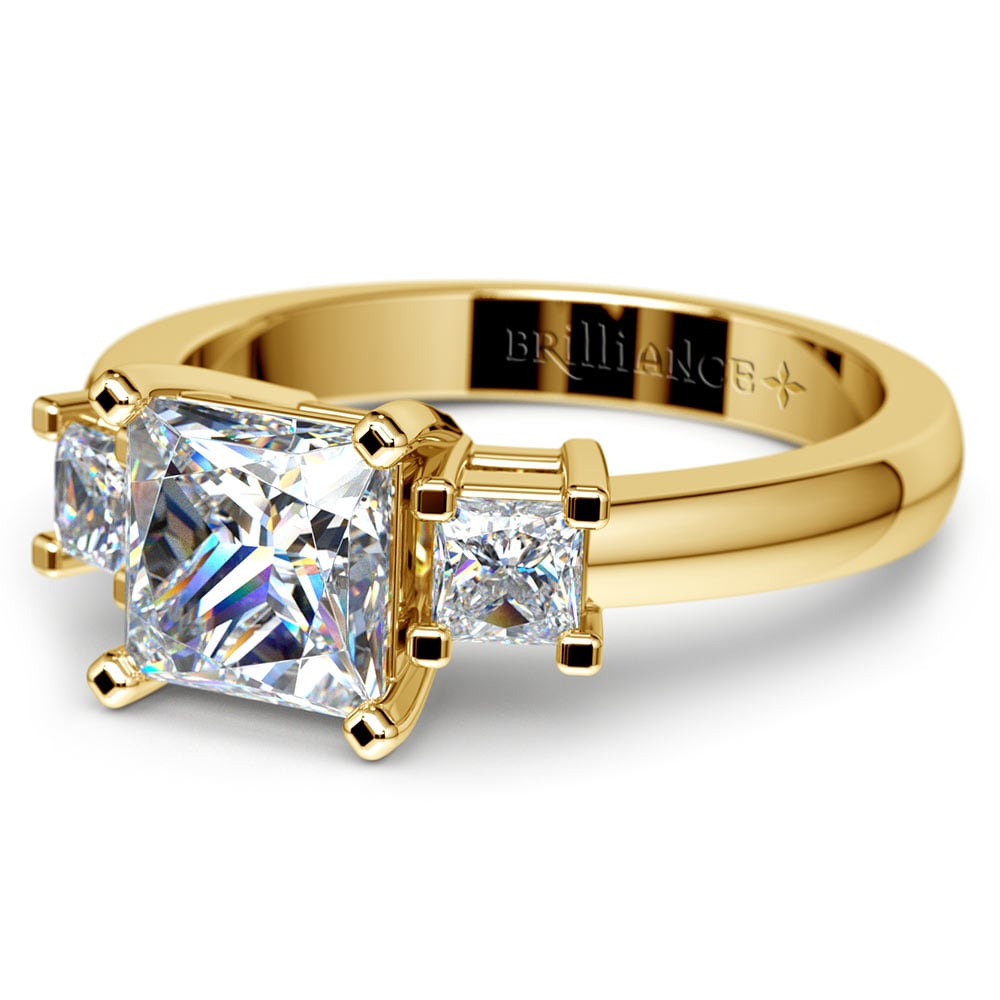 Three Stone Princess Moissanite Engagement Ring in Yellow