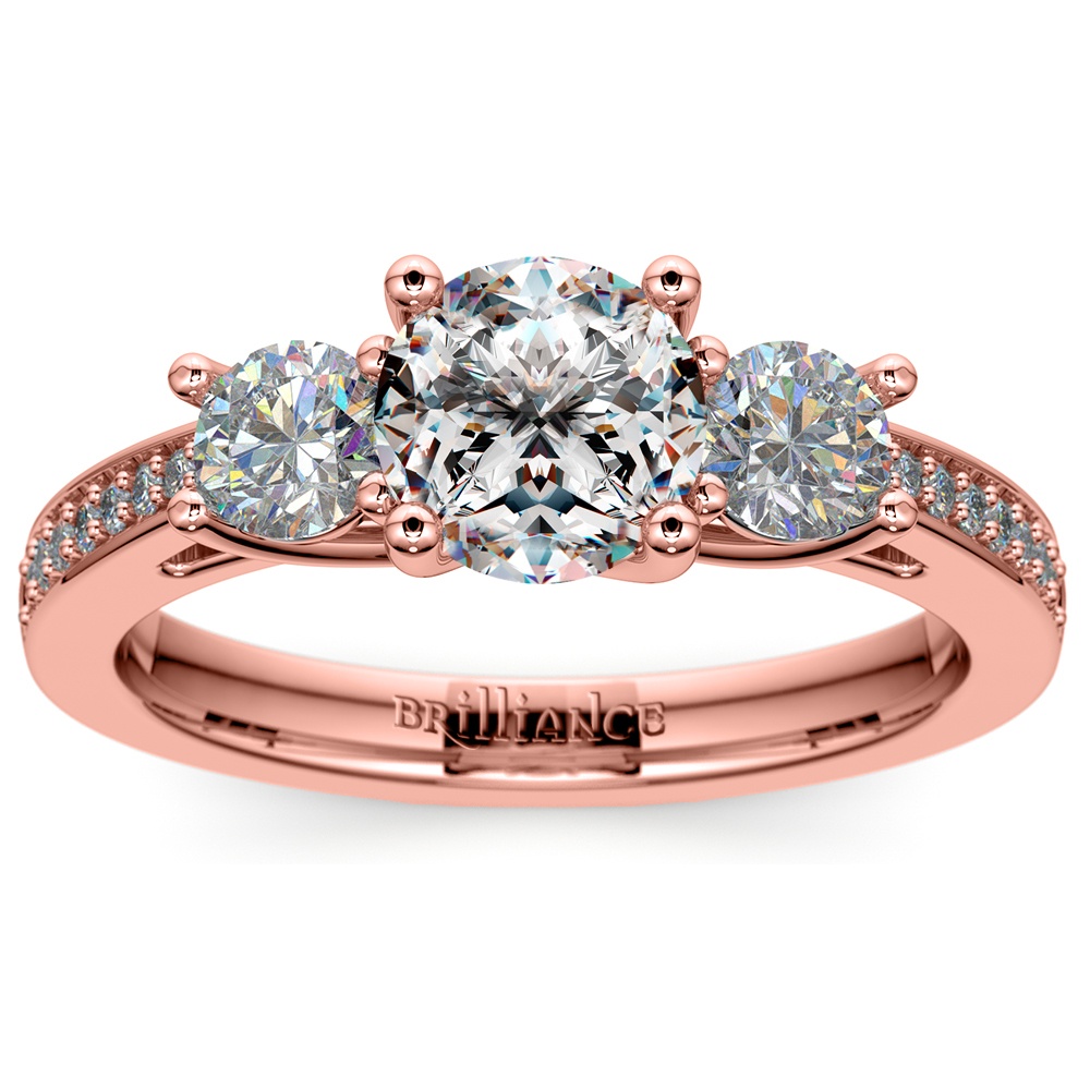 Rose Gold Three Stone Engagement Ring With Trellis Design | Zoom