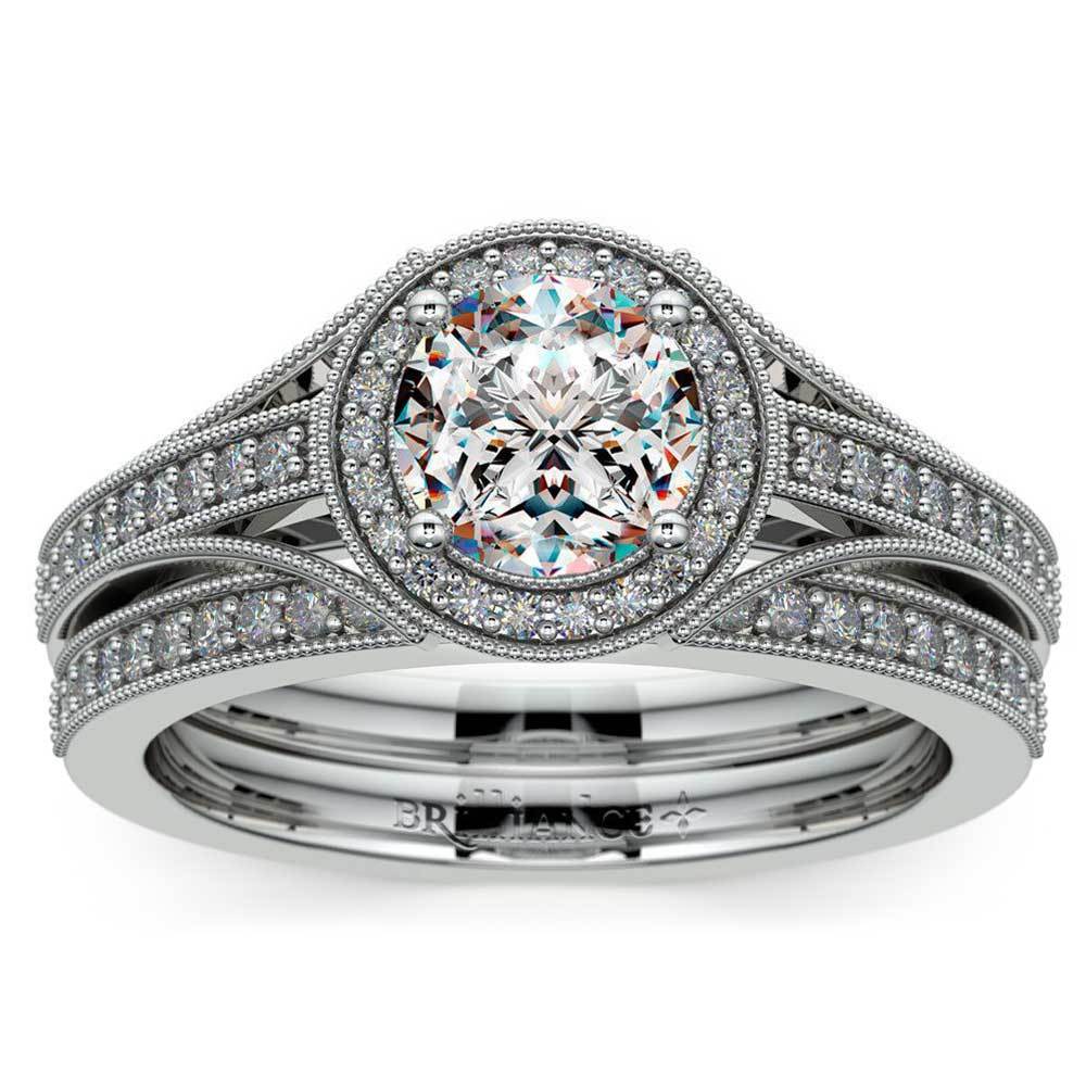 Vintage Milgrain Halo Diamond Bridal Ring Set In Platinum | Zoom