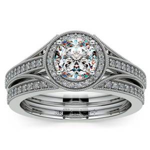 Vintage Milgrain Halo Diamond Bridal Ring Set In Platinum