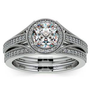 Vintage Milgrain Halo Diamond Bridal Ring Set In White Gold