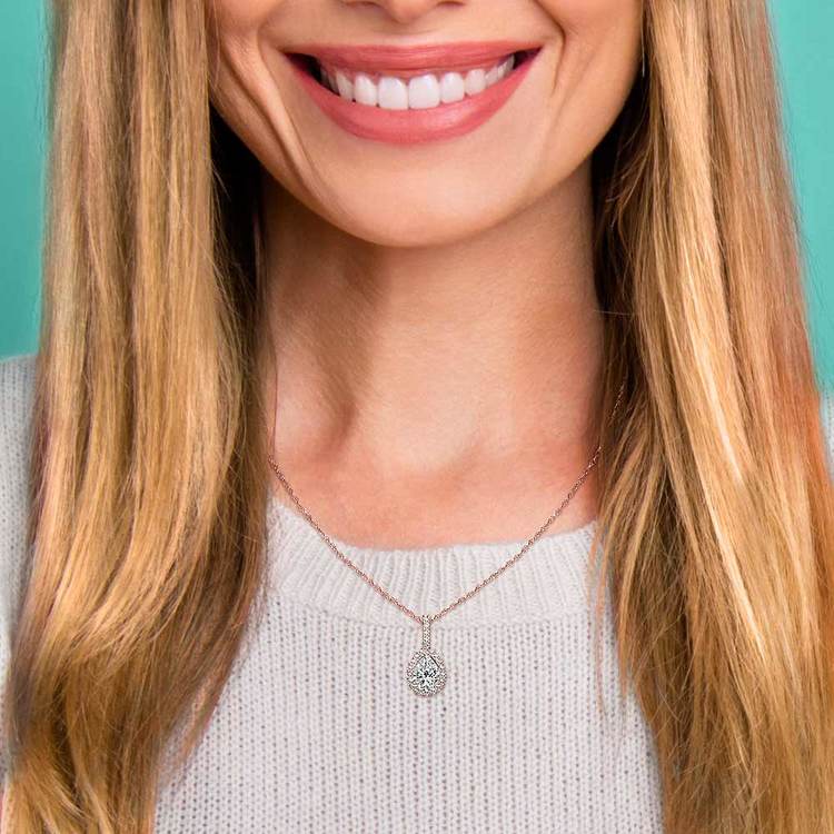 Petite Pear Halo Diamond Necklace In Rose Gold | 03