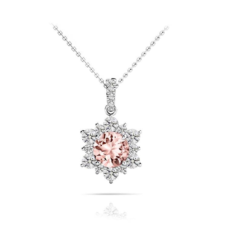 Sunburst Morganite Halo Diamond Pendant Necklace In White Gold | 01