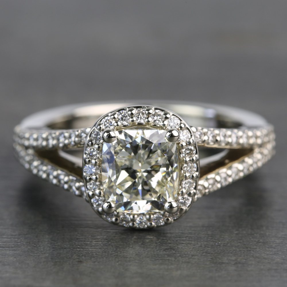 1.71 Carat Cushion Split Shank Halo Diamond Engagement Ring