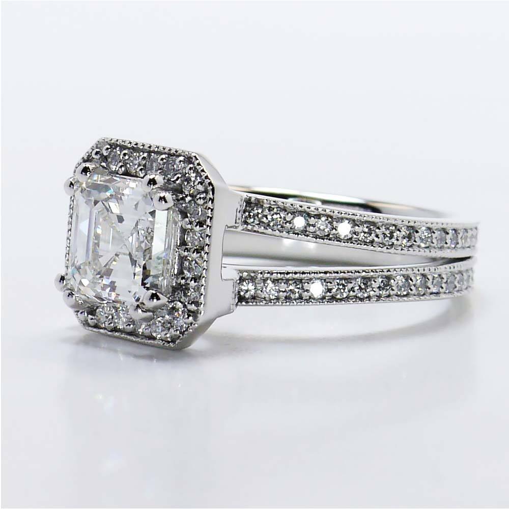 Halo Asscher Cut Split Shank Engagement Ring In White Gold angle 3