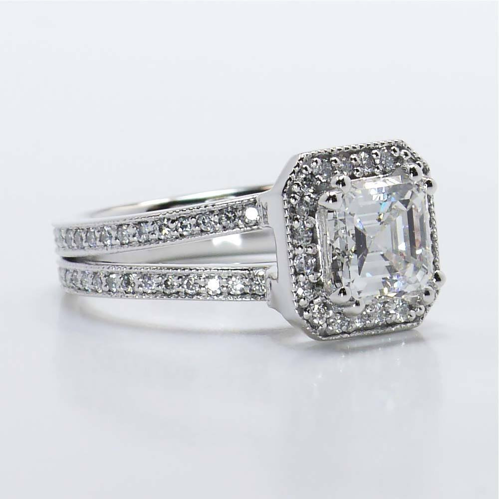 Halo Asscher Cut Split Shank Engagement Ring In White Gold angle 4