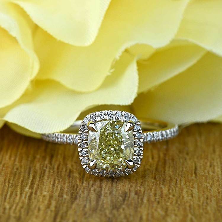 2 Carat Fancy Yellow Cushion Halo Diamond Engagement Ring angle 5