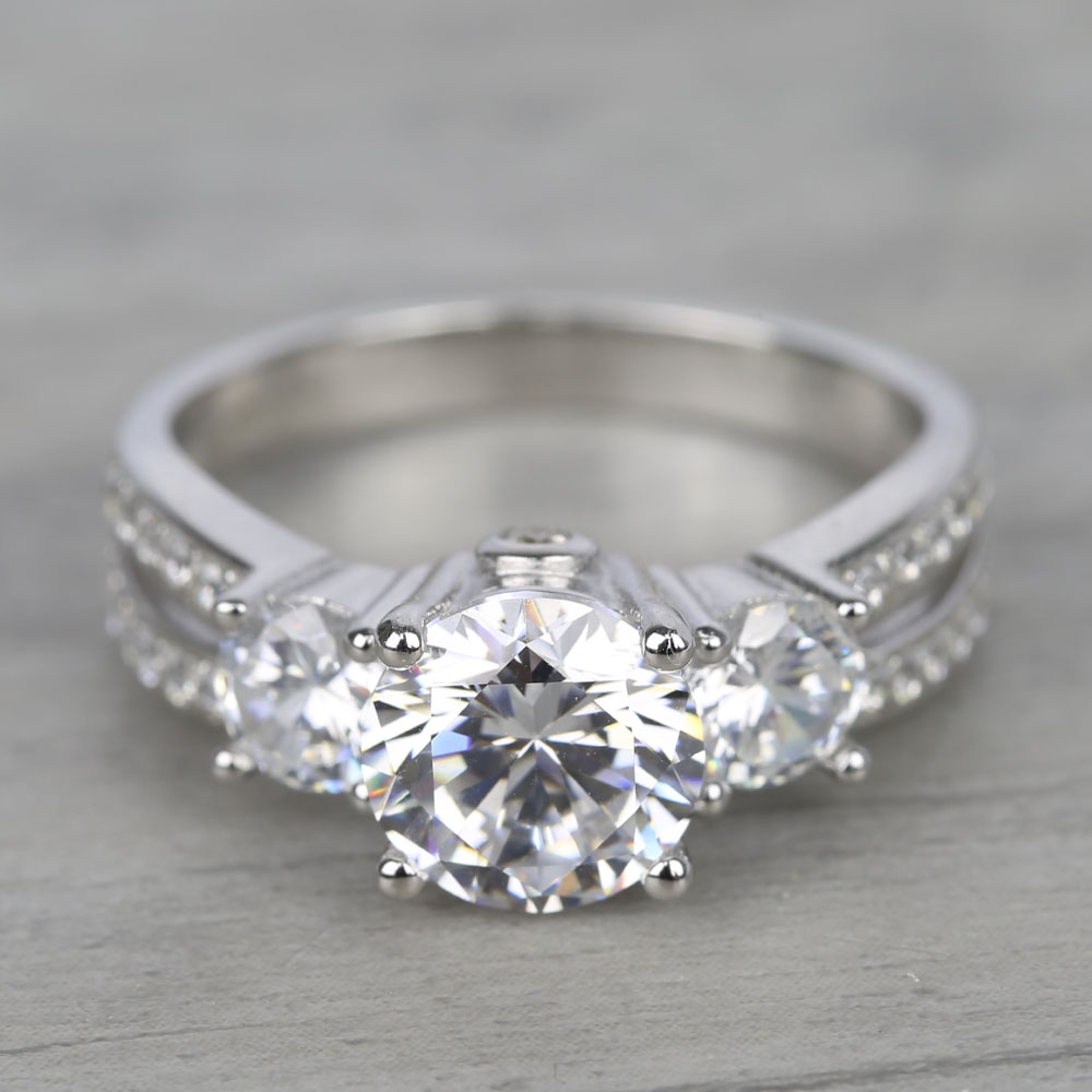 Milgrain Three Stone Pave diamond Engagement Ring In 14K White Gold |  Fascinating Diamonds