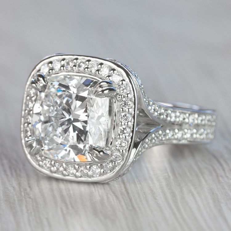 4 Carat Split Shank Halo Cushion Diamond Engagement Ring angle 2