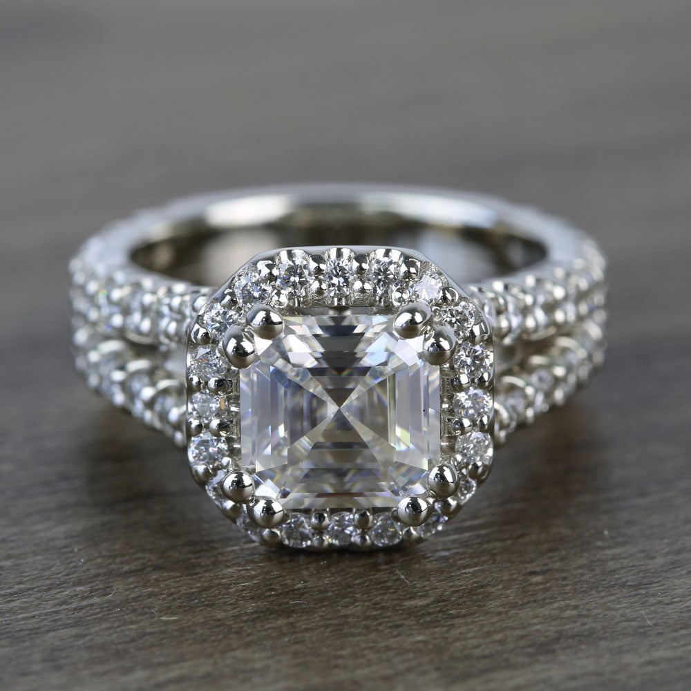 Asscher Moissanite Split Shank Halo Diamond Engagement Ring