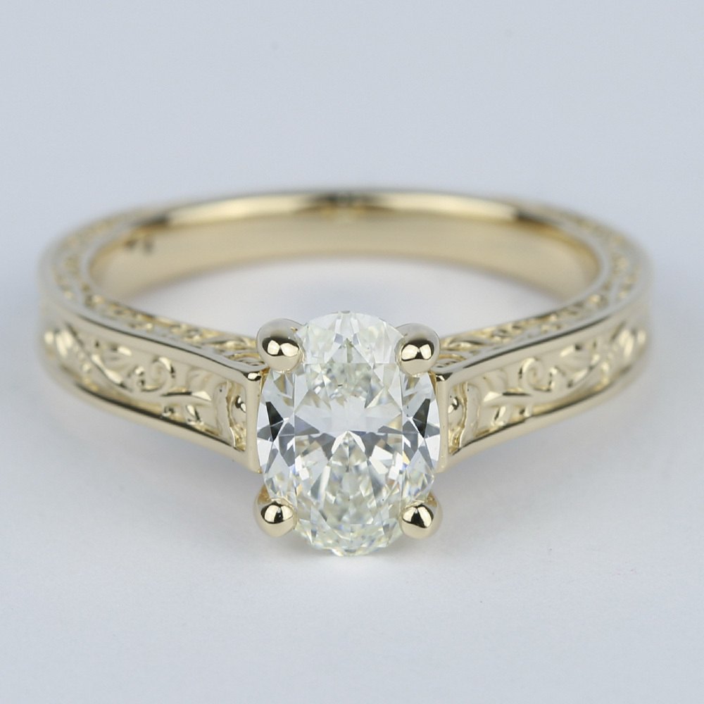 Hand Engraved Engagement Ring With Oval Diamond