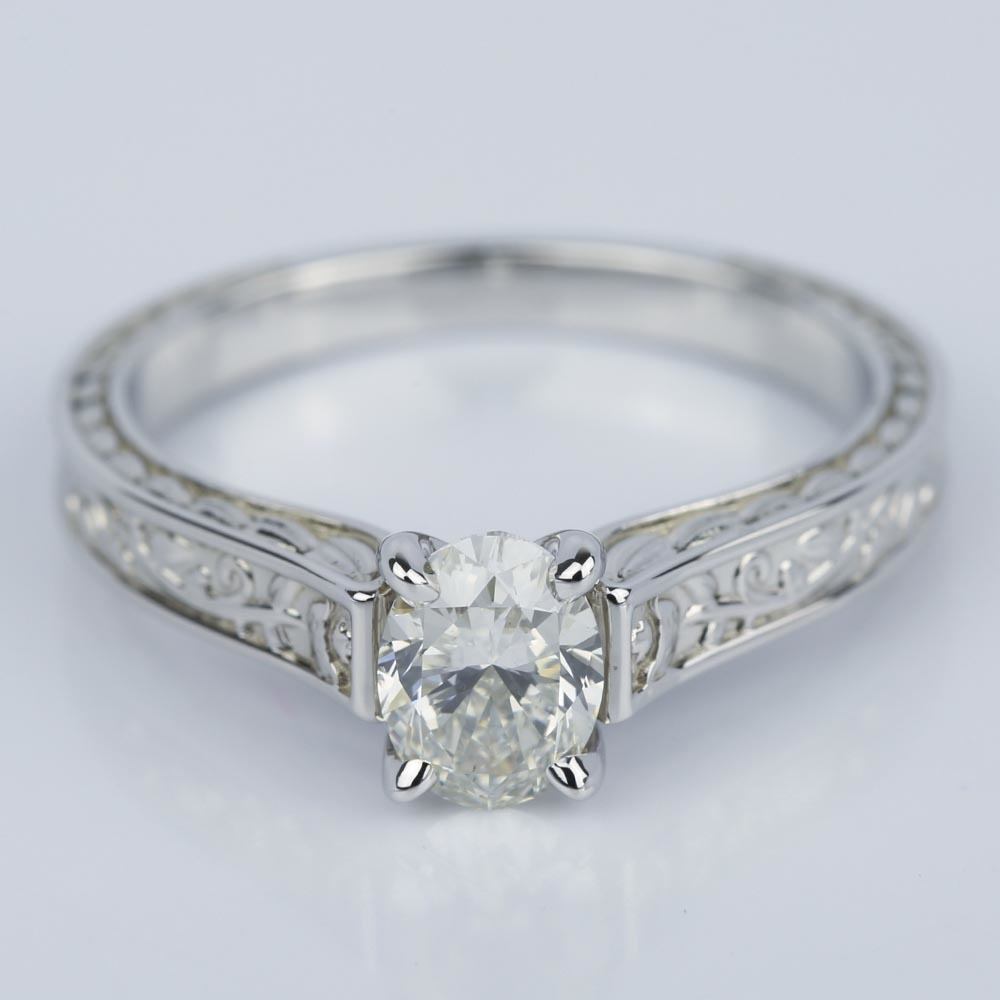Floral Engraved Oval Cut Diamond Engagement Ring