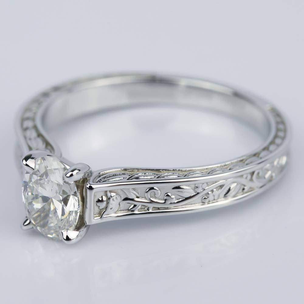 Floral Engraved Oval Cut Diamond Engagement Ring angle 2