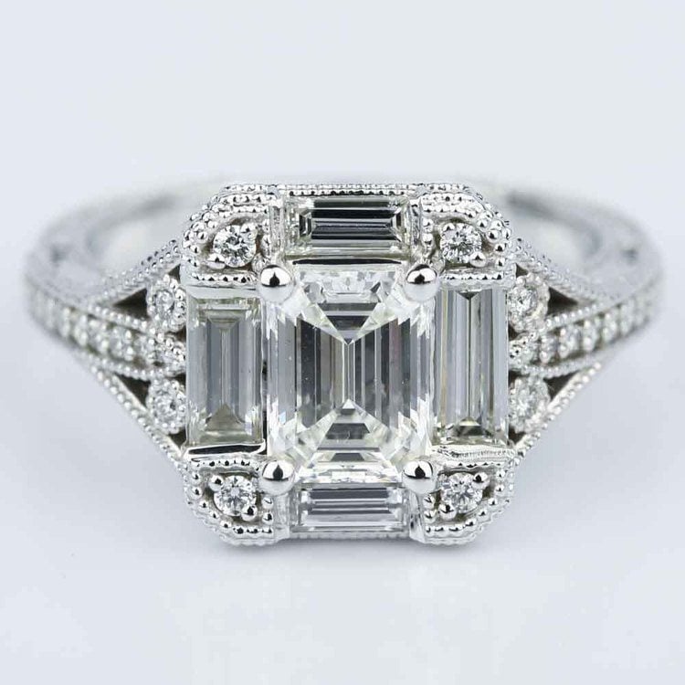 Vintage Inspired Emerald Cut Diamond Engagement Ring In White Gold