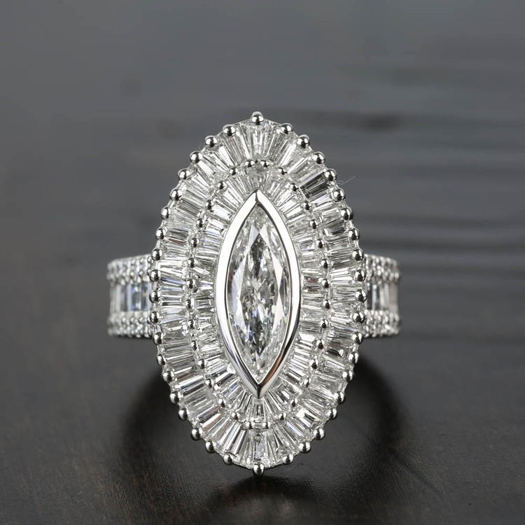 Baguette Diamond Double Halo 1920s Style Engagement Ring
