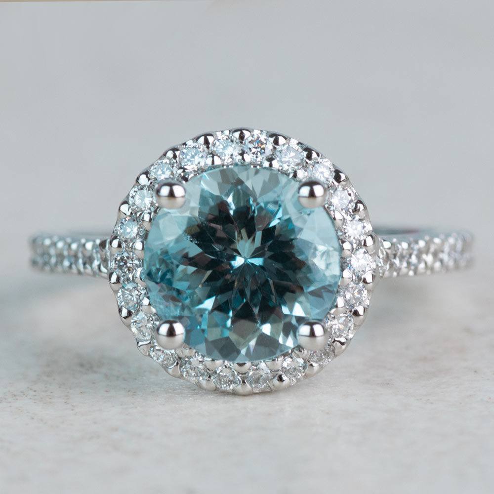 Custom Aquamarine Halo Diamond Engagement Ring