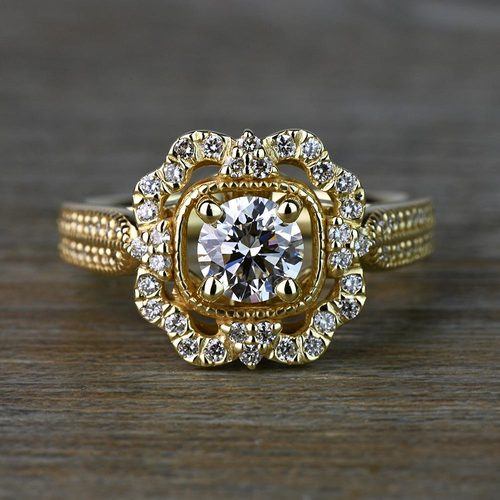 Custom Halo Antique Round Cut Engagement Ring in Yellow Gold