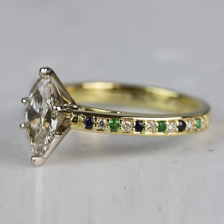 Custom Marquise Cathedral Diamond & Emerald Gemstone Engagement Ring angle 2