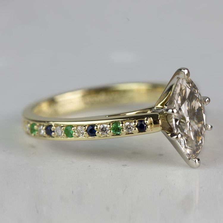 Custom Marquise Cathedral Diamond & Emerald Gemstone Engagement Ring angle 3