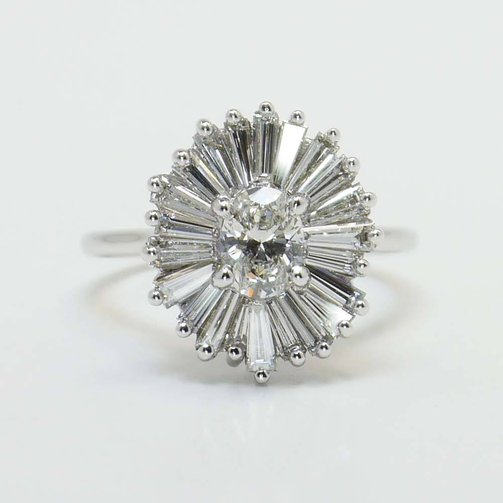 Art Deco Oval Diamond Ring With Floral Halo In White Gold