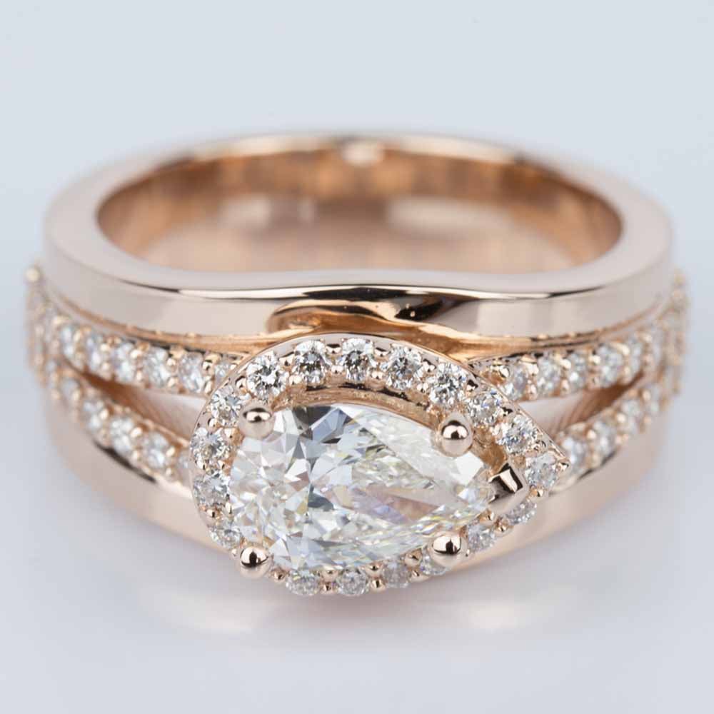 Horizontal Set Pear Halo Diamond Engagement  Ring  in Rose Gold