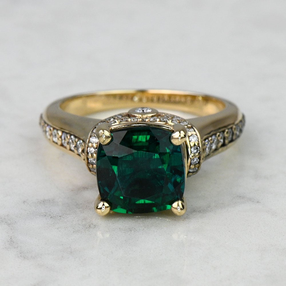 Lab Grown Emerald Yellow Gold Halo Ribbon Engagement Ring