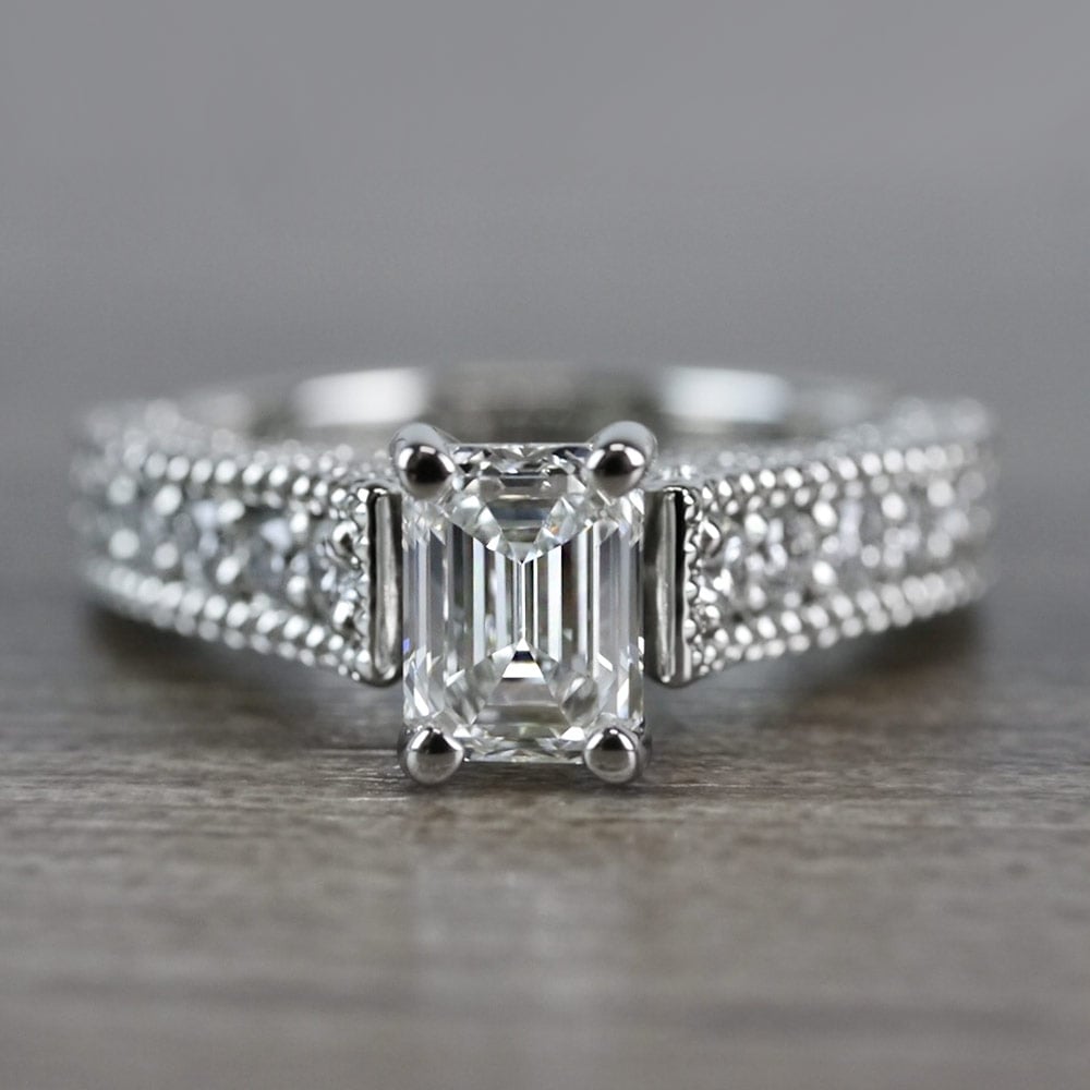 191561 Emerald Vintage Milgrain Diamond Engagement Ring V1 