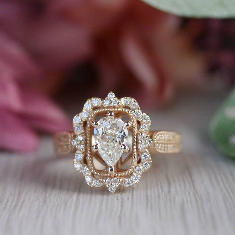 Pear Cut Diamond Custom Halo Antique Engagement Ring