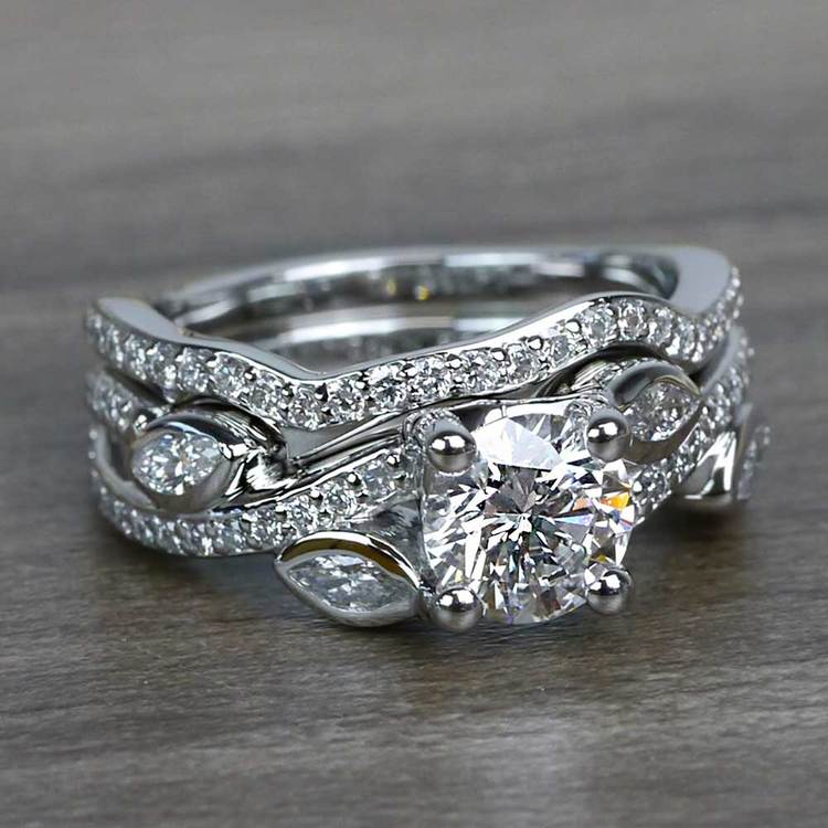 Perfectly Petaled Twisted 1.04 Carat Round Diamond Engagement Ring & Matching Band angle 3