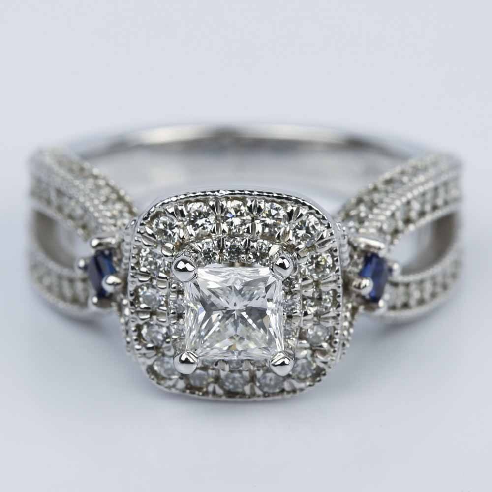 Princess Diamond and Sapphire Double Halo Engagement Ring