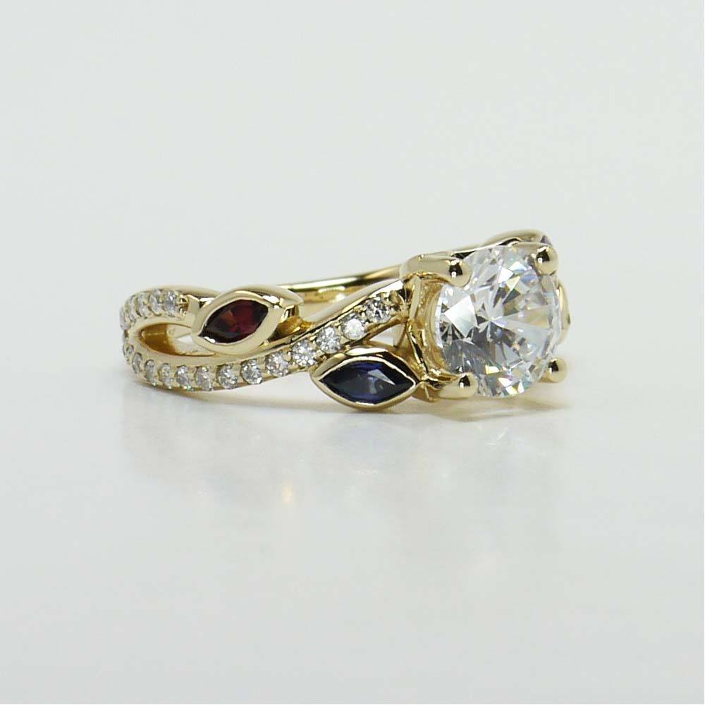 Gold Gemstone And Diamond Leaf Design Engagement Ring angle 4