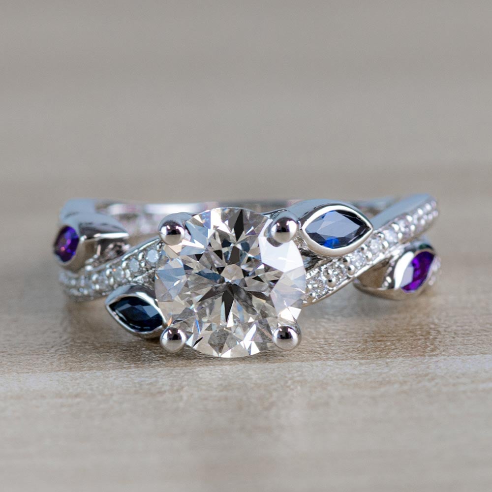 Twisted Petal Diamond Engagement Ring with Sapphire and Amethyst Side ...
