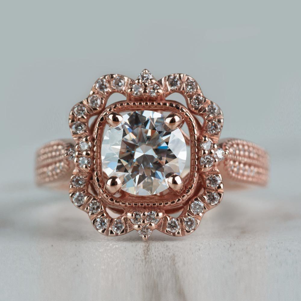 Vintage Halo Moissanite Engagement Ring in Rose Gold