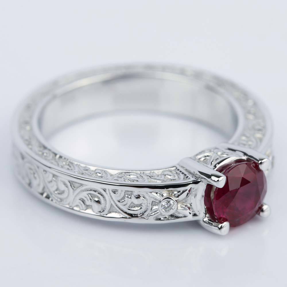 Hand-Engraved Ruby Engagement Ring With Diamonds angle 3