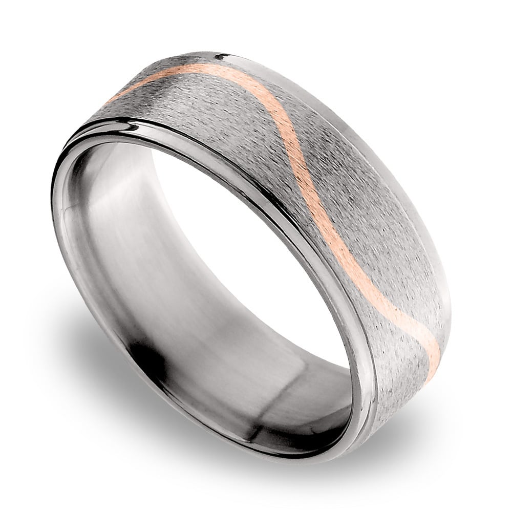 14K Rose Gold Curve Inlay Men's Wedding Ring in Titanium (8mm) | 01
