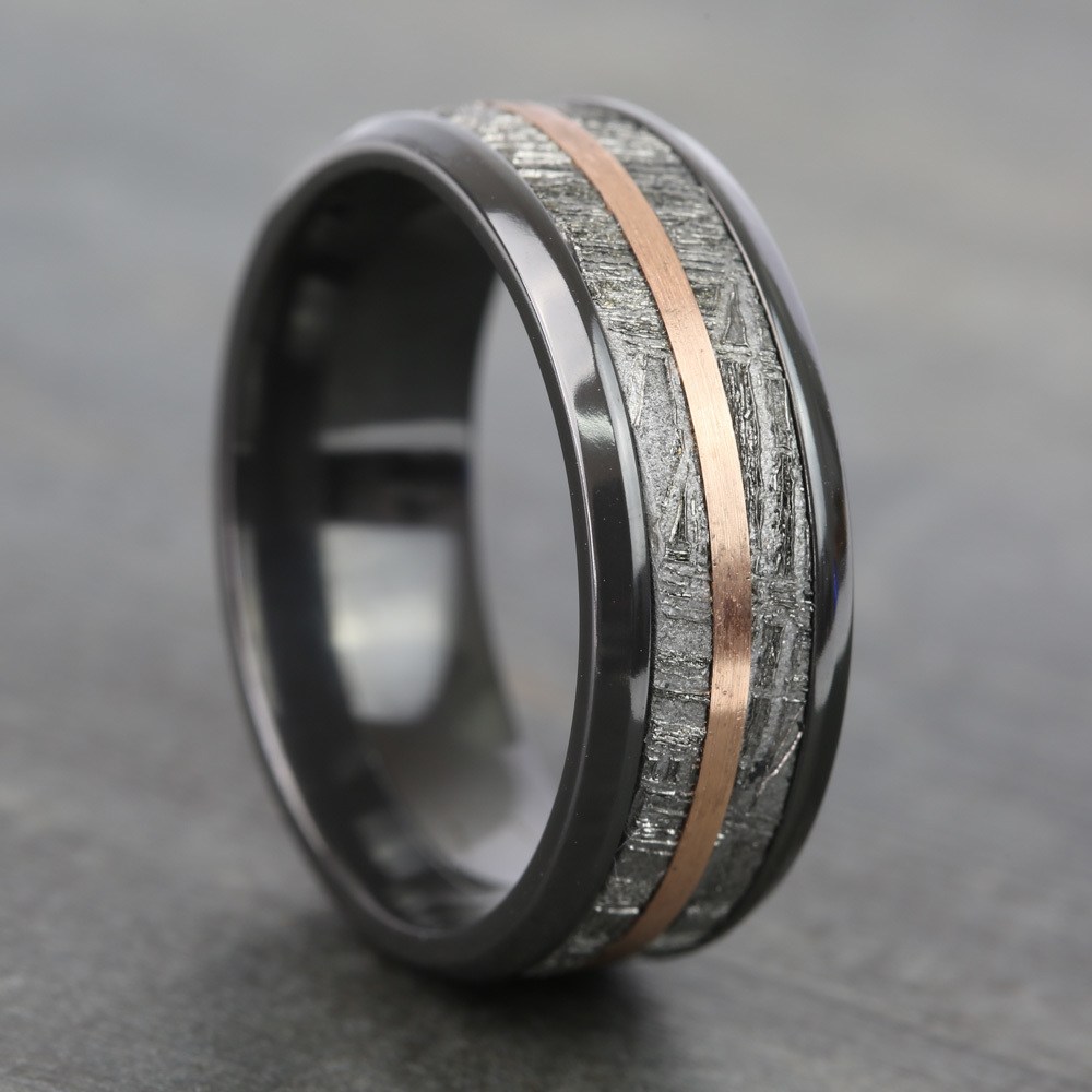 14K Rose Gold Inlay Men's Wedding Ring with Meteorite in Zirconium