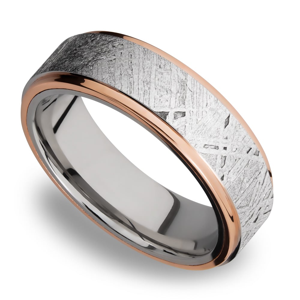 14K Rose Gold Inlays Men's Wedding Ring with Meteorite in