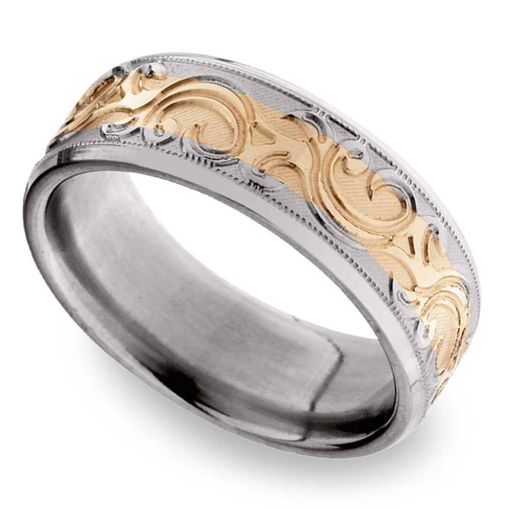 14K Rose Gold Men's Wedding Ring with Filigree in Titanium (8mm) | Zoom
