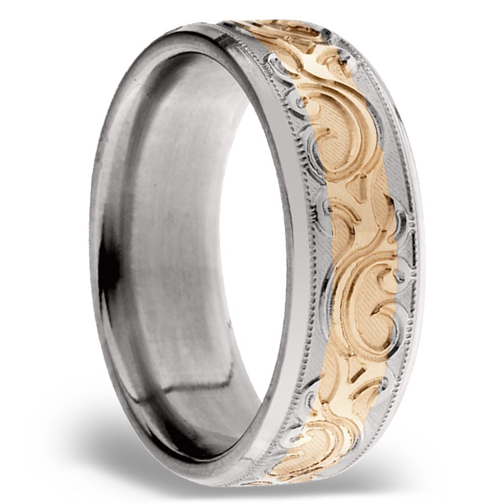 14K Rose Gold Men's Wedding Ring with Filigree in Titanium (8mm) | 02