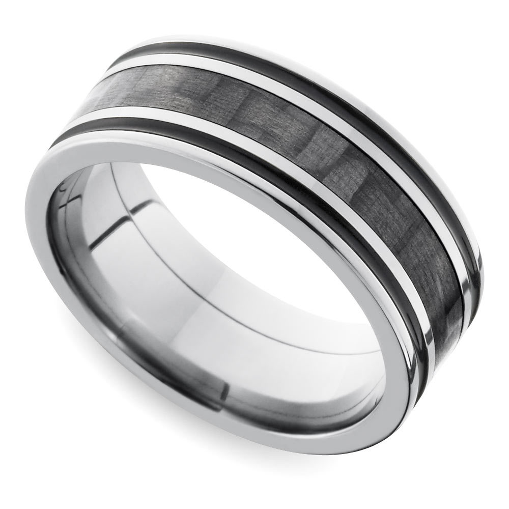 Mens Grooved Carbon Fiber Wedding Ring In Titanium (8mm) | Zoom