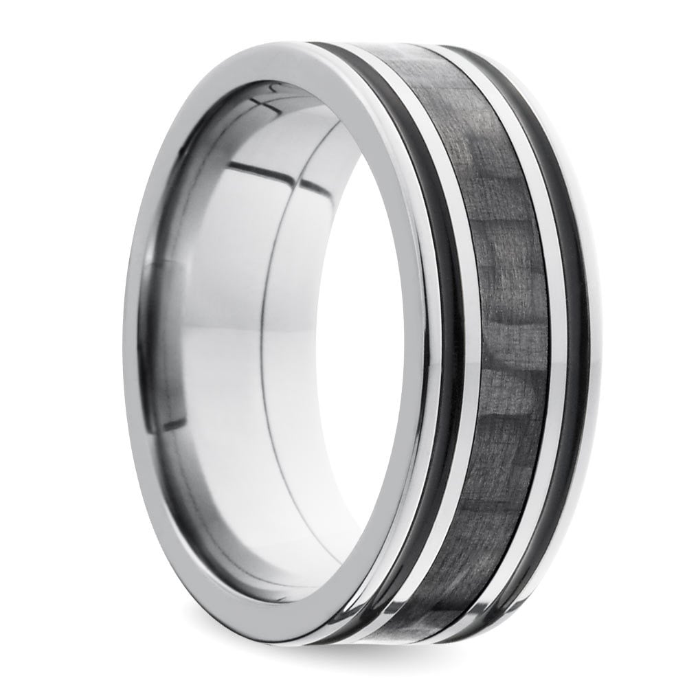 Mens Grooved Carbon Fiber Wedding Ring In Titanium (8mm) | 02