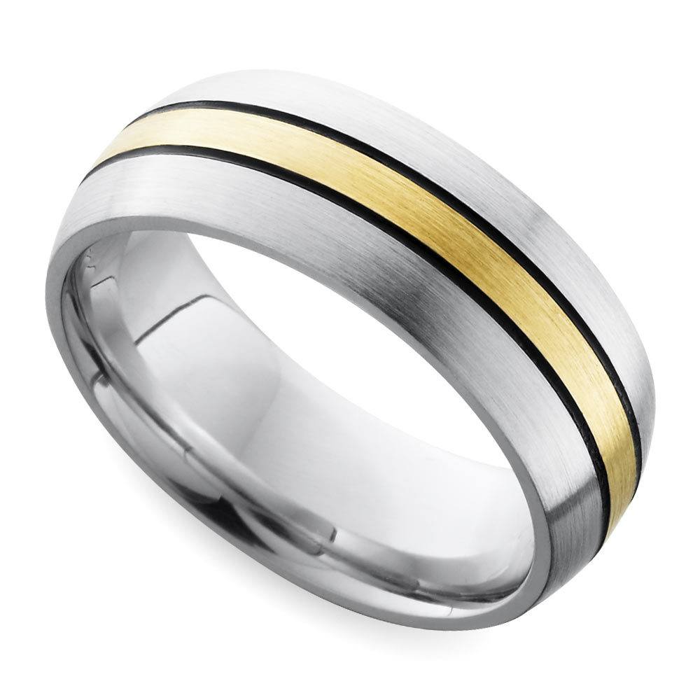Cobalt And Yellow Gold Mens Wedding Band With Antiqued Grooves | 01