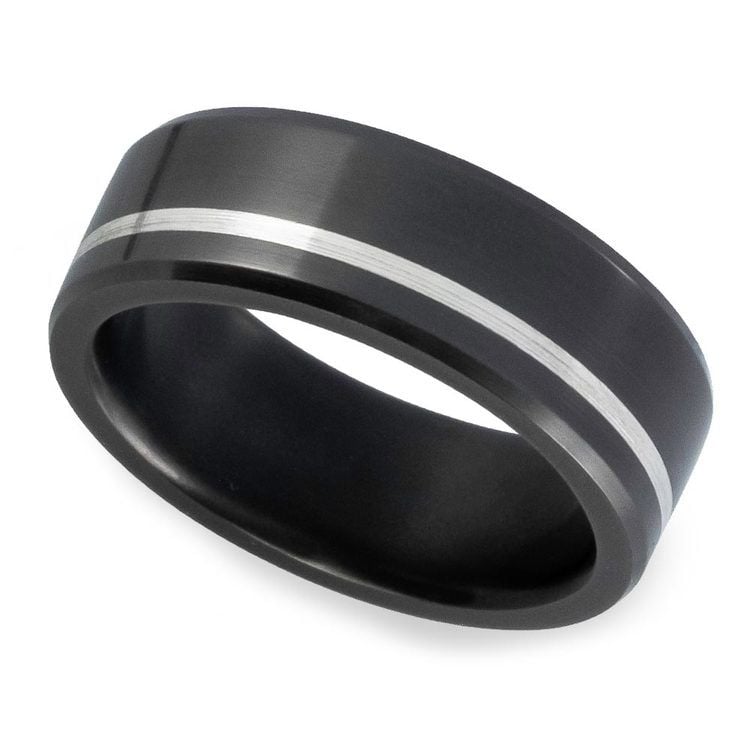 Ares - Offset Silver Inlaid Polished Men's Elysium Ring (8mm) | Zoom