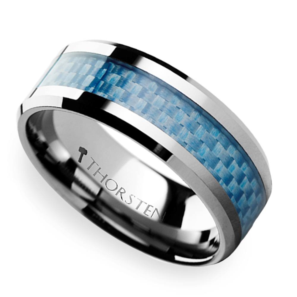 Tungsten Carbide Ring with Black and Blue Carbon Fiber Inlay Men's Wedding Band 