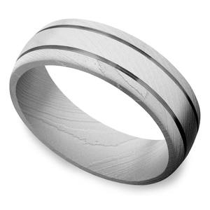 Bead Blasted Mens Damascus Steel Ring With Groove Details