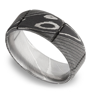 Bevel Segment Men's Wedding Ring in Damascus Steel (8mm)